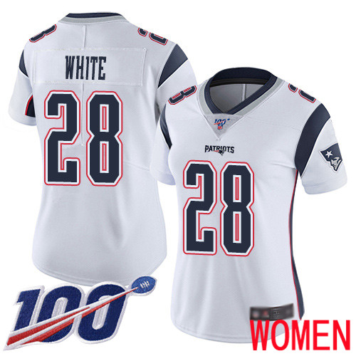 New England Patriots Football 28 Vapor Untouchable 100th Season Limited White Women James White Road NFL Jersey